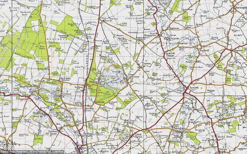 Old Map of Historic Map covering Ampton Water in 1946