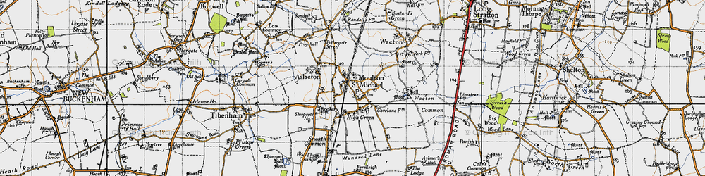 Old map of Great Moulton in 1946