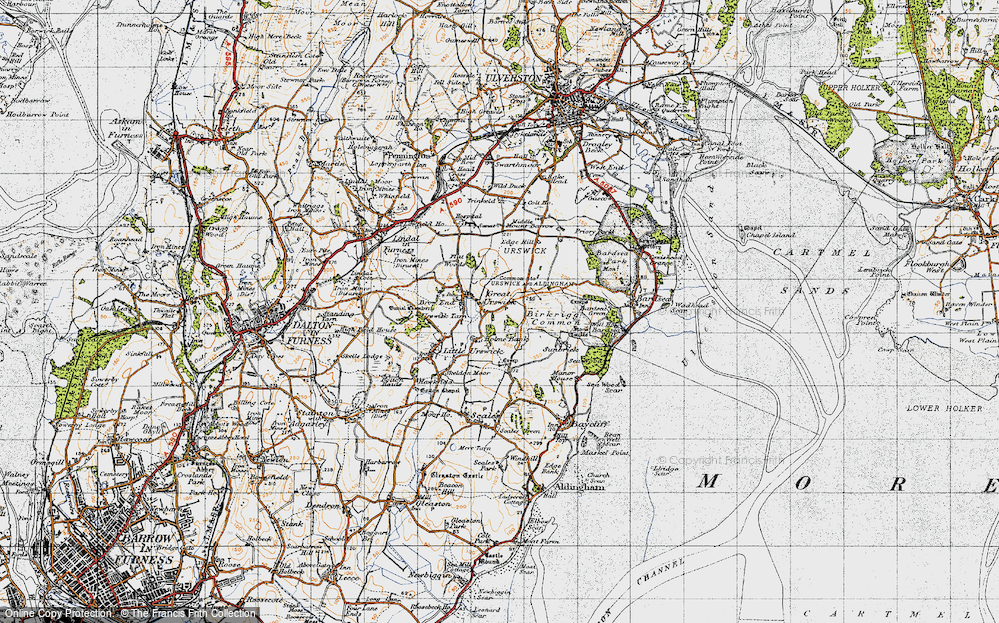 Old Map of Historic Map covering Birkrigg Common in 1947