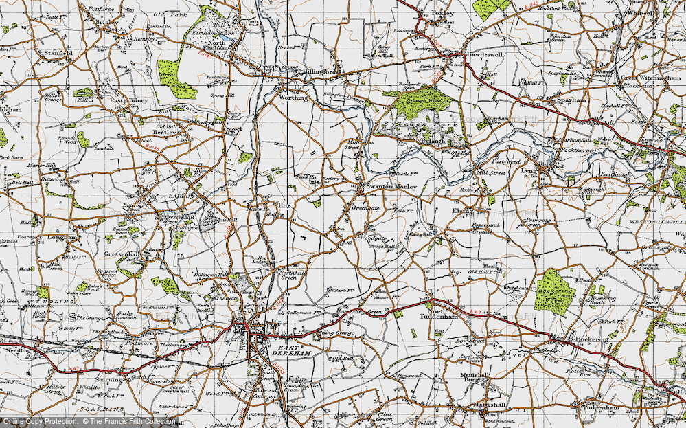 Old Map of Historic Map covering Swanton Morley Ho in 1946