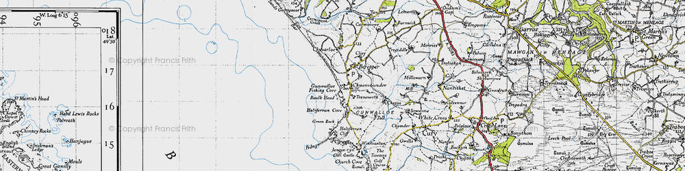 Old map of Gunwalloe Fishing Cove in 1946