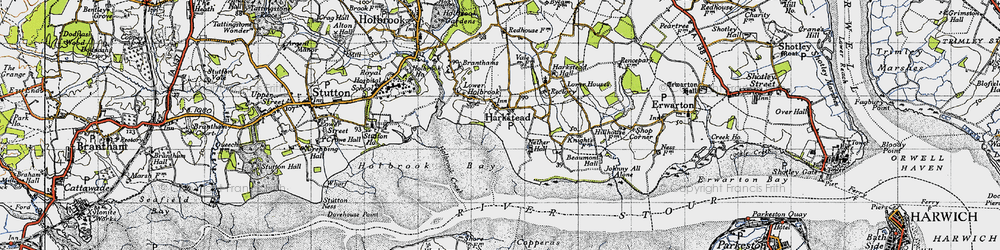 Old map of Harkstead in 1946