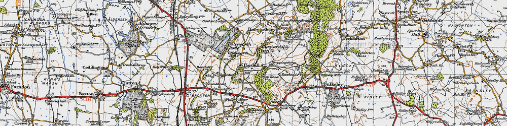 Old map of Burwardsley Hill in 1947