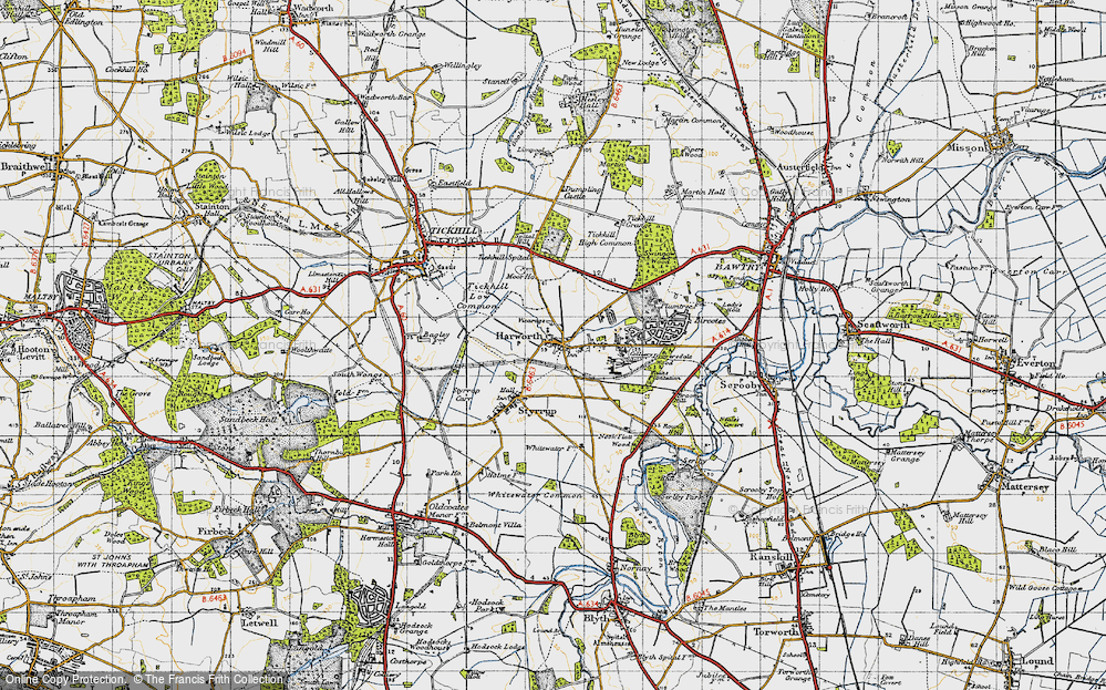 Old Map of Historic Map covering Tickhill Low Common in 1947