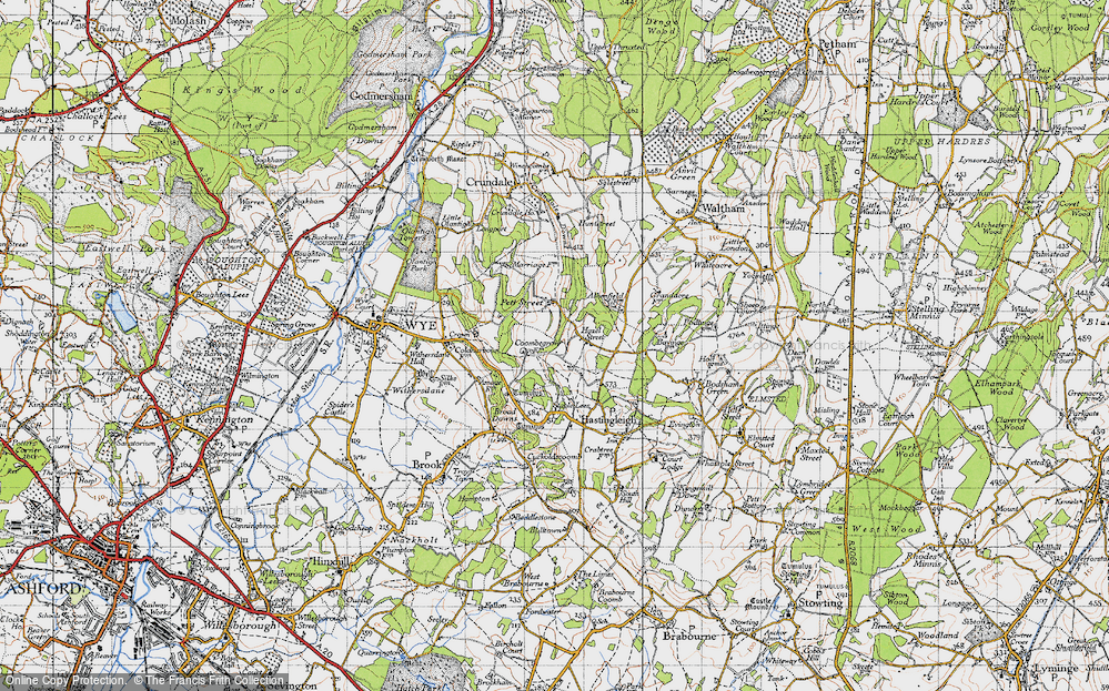 Old Map of Historic Map covering Wye Downs in 1940