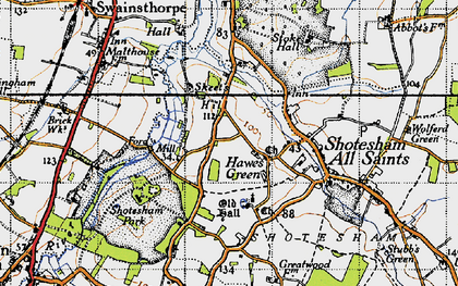 Old map of Hawes' Green in 1946
