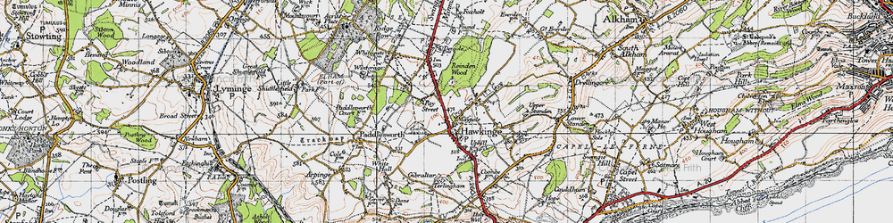 Old map of Hawkinge in 1947
