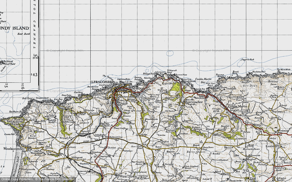 Old Map of Historic Map covering Widmouth Hill in 1946