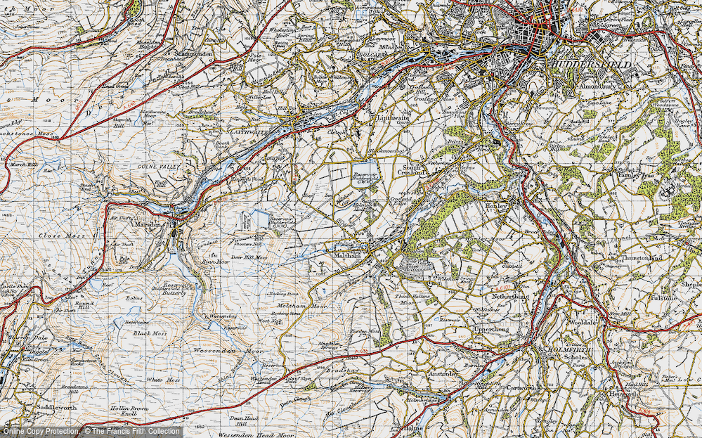 Old Map of Historic Map covering Blackmoorfoot Resr in 1947