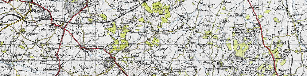 Old map of Higher Halstock Leigh in 1945