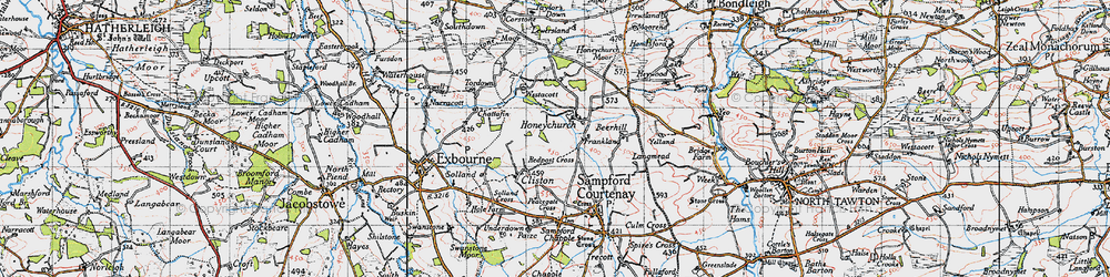 Old map of Honeychurch in 1946