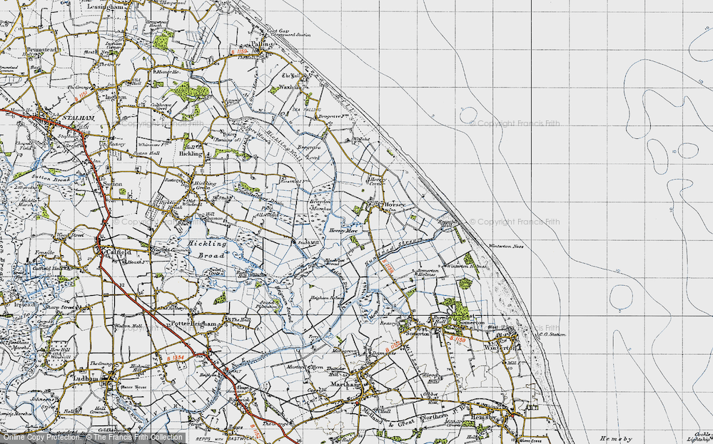 Old Map of Historic Map covering Brayden Marshes in 1945