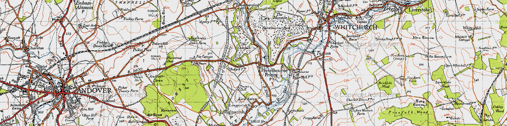 Old map of Hurstbourne Priors in 1945