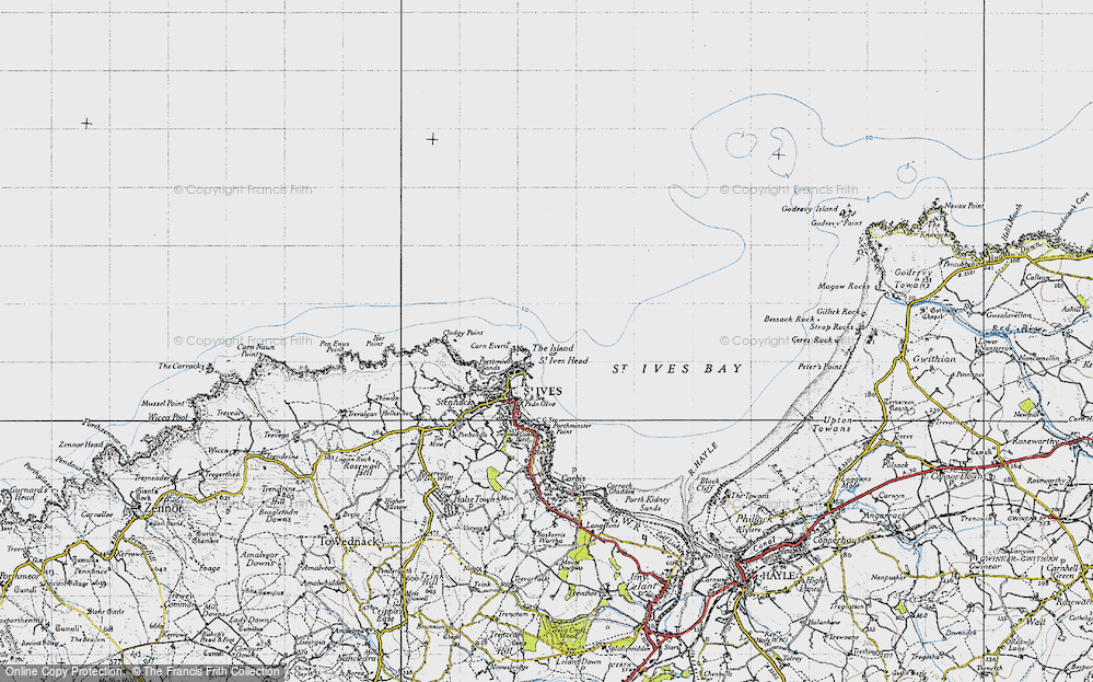 Old Map of Historic Map covering St Ives Bay in 1946