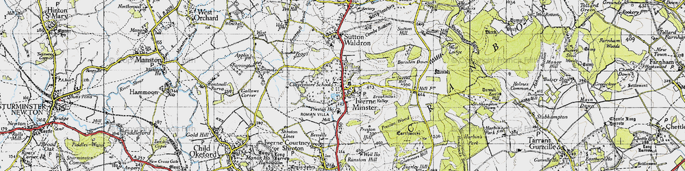 Old map of Iwerne Minster in 1945