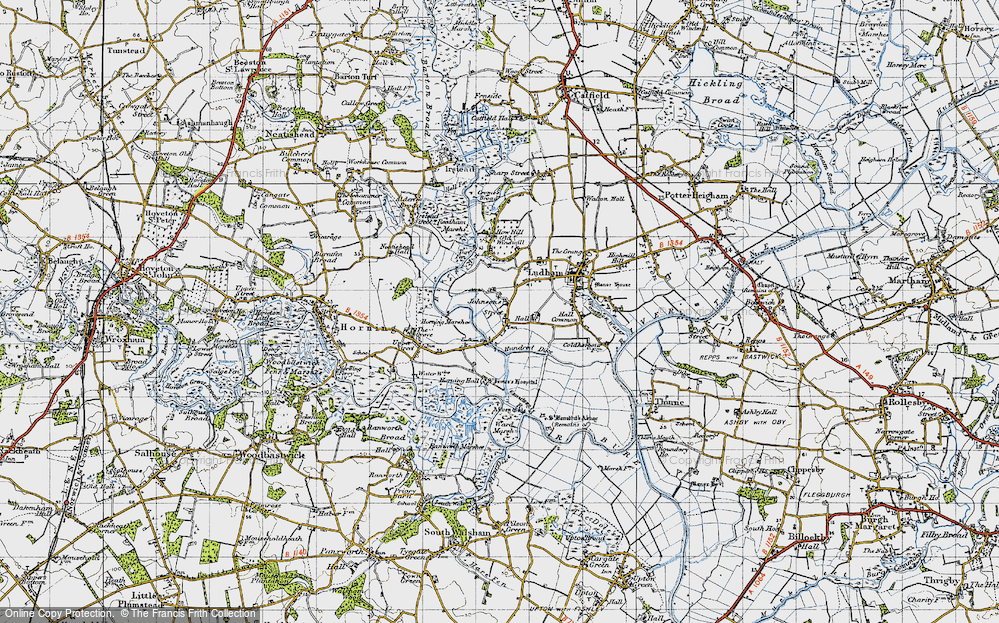 Old Map of Historic Map covering Horning Hall in 1945