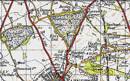 Old map of Kitts End in 1946