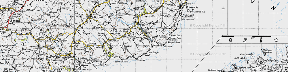 Old map of Lamorna in 1946
