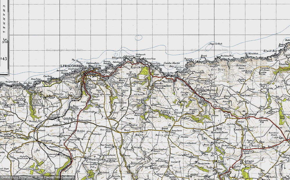 Old Map of Historic Map covering Sterridge Valley in 1946