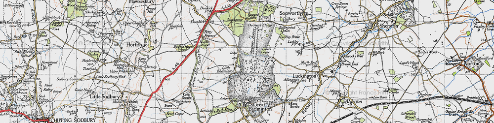 Old map of Badminton Down in 1946