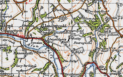 Old map of Llandygwydd in 1947