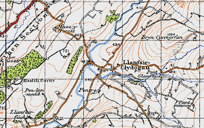 Old map of Llanfair Clydogau in 1947