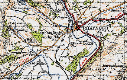 Old map of Llansantffraed-Cwmdeuddwr in 1947