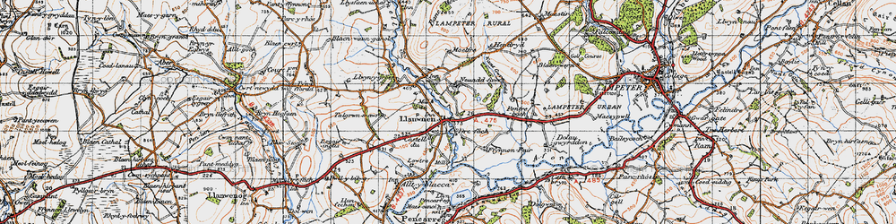 Old map of Llanwnnen in 1947