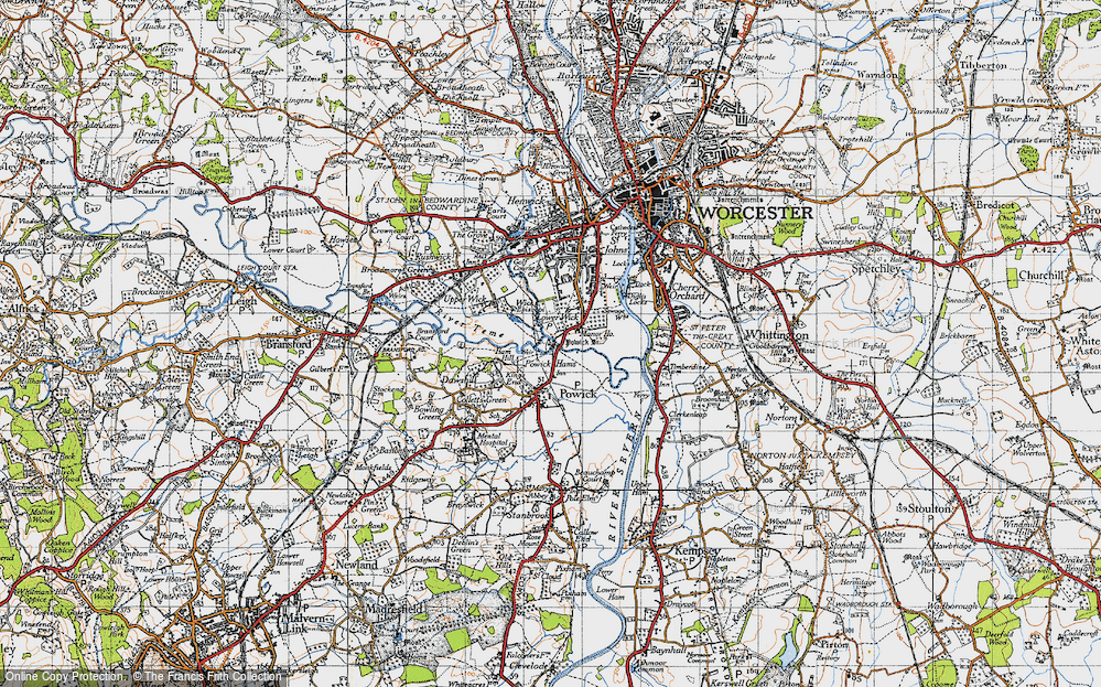 Old Map of Historic Map covering Powick Bridge in 1947