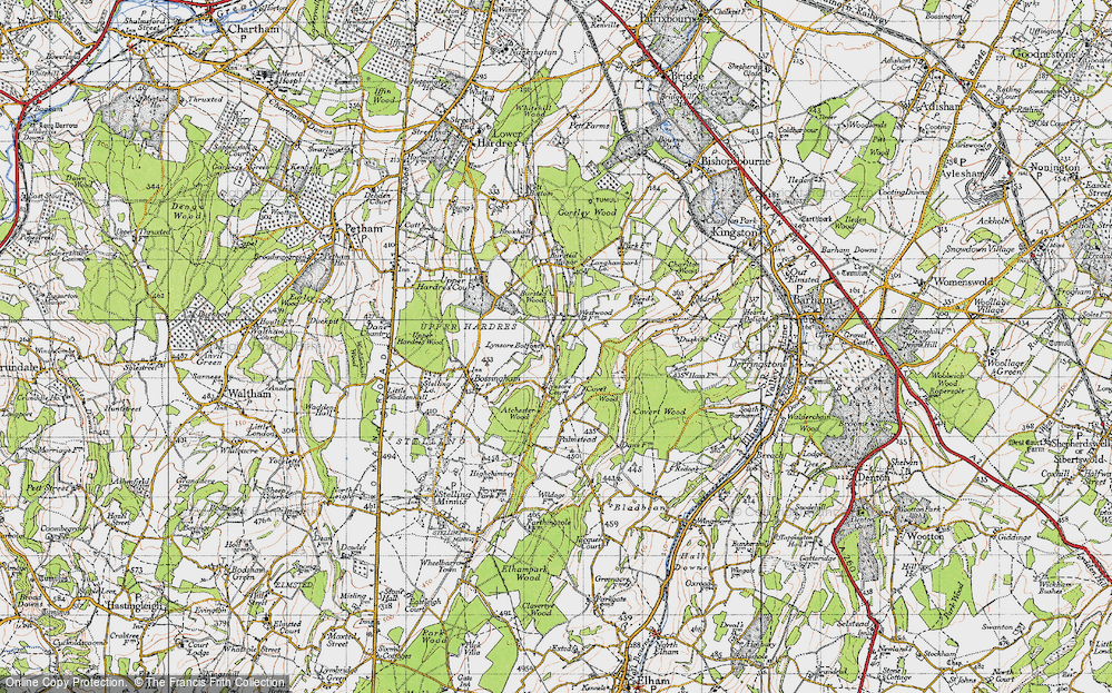 Old Map of Historic Map covering Bursted Wood in 1947