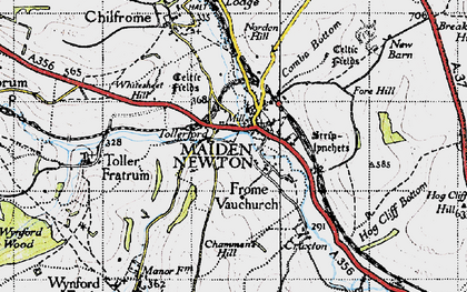 Old map of Maiden Newton in 1945