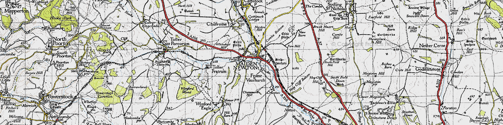 Old map of Maiden Newton in 1945