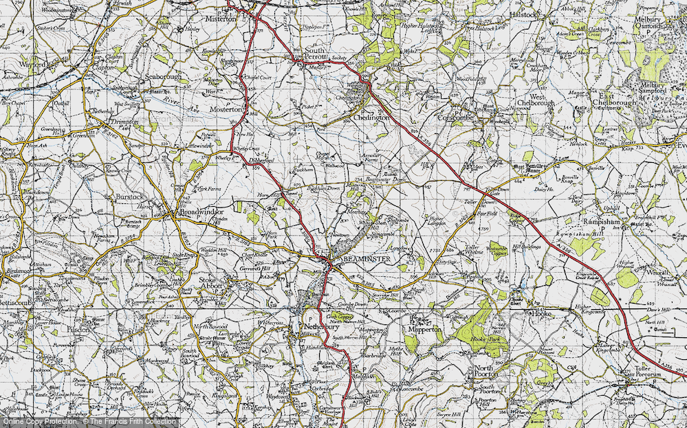 Old Map of Historic Map covering Beaminster Down in 1945