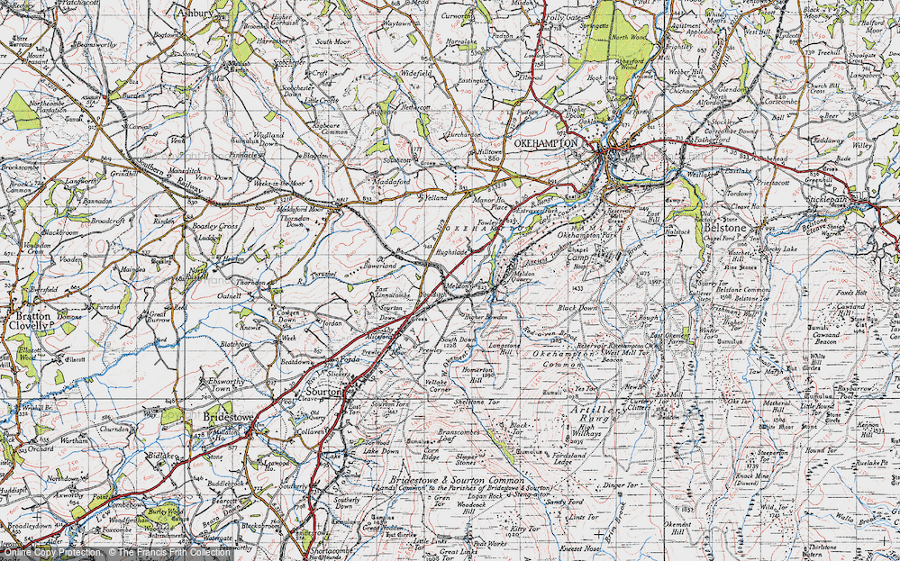 Old Map of Historic Map covering West Okement River in 1946