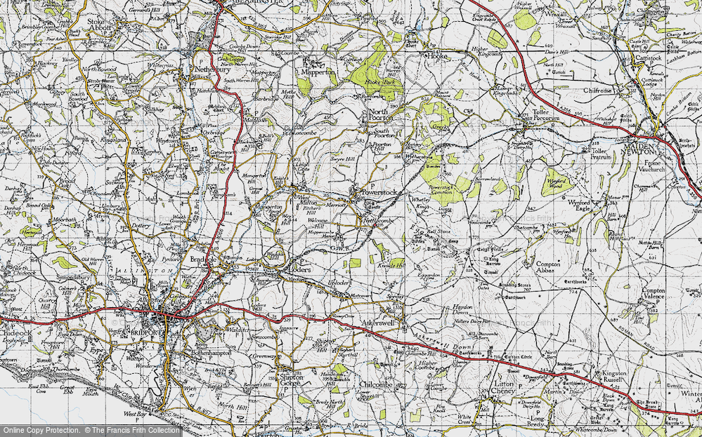 Old Map of Historic Map covering Bell Stone in 1945