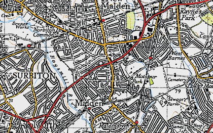 Old map of Motspur Park in 1945