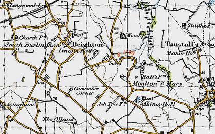 Old map of Moulton St Mary in 1945