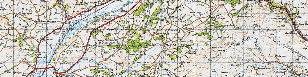 Old map of Afon Ydw in 1947