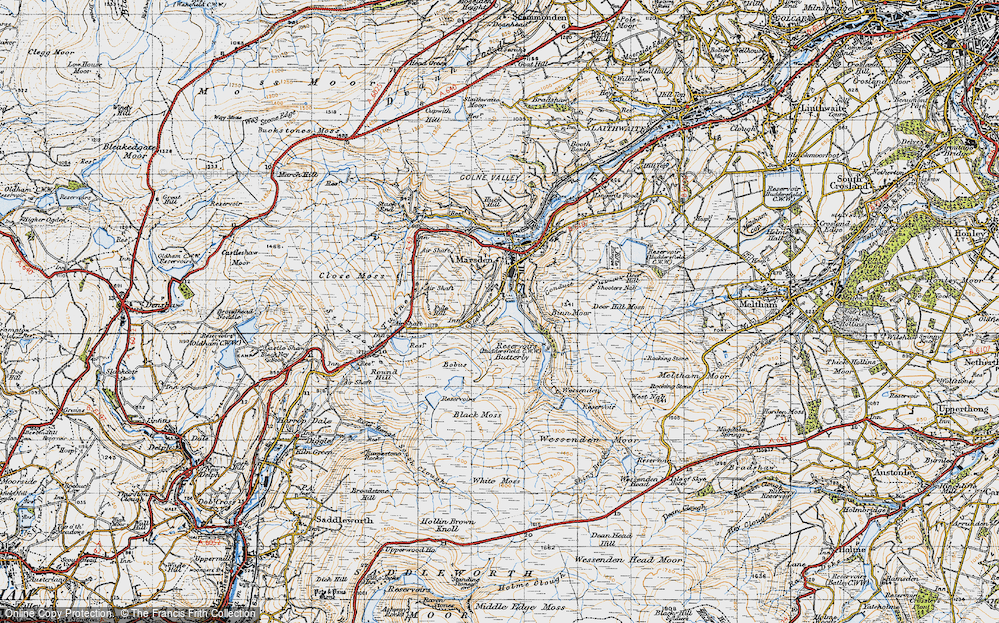 Old Map of Historic Map covering Black Moss Resr in 1947