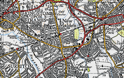 Old map of New Malden in 1945