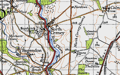 Old map of North Cerney Downs in 1946