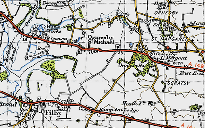 Old map of Ormesby St Michael in 1945