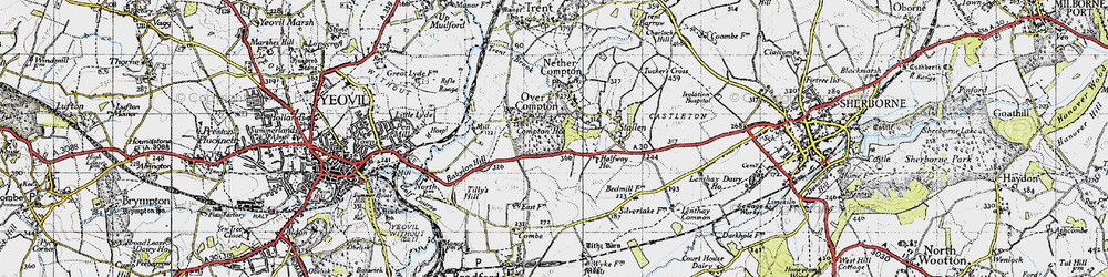 Old map of Over Compton in 1945