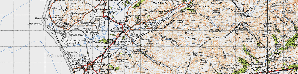 Old map of Afon Cwm-pandy in 1947