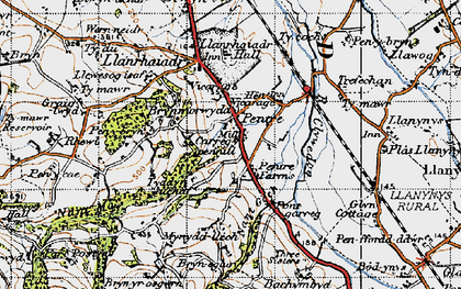Old map of Pentre Llanrhaeadr in 1947