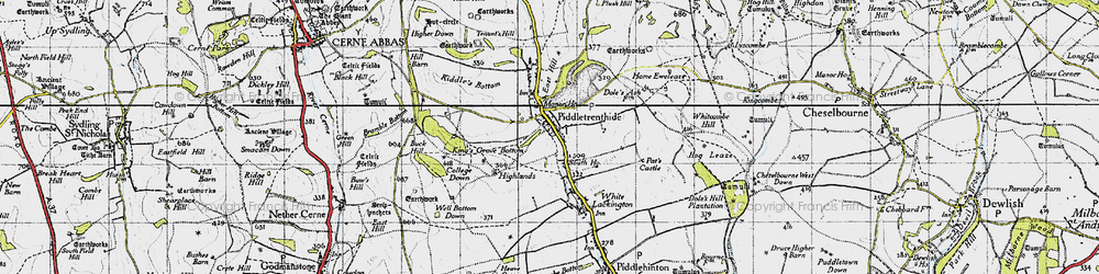 Old map of Piddletrenthide in 1945
