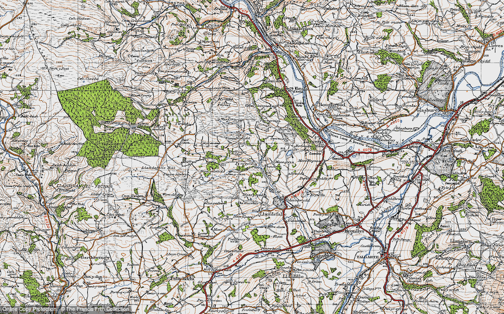 Old Map of Historic Map covering Brechfa Common in 1947