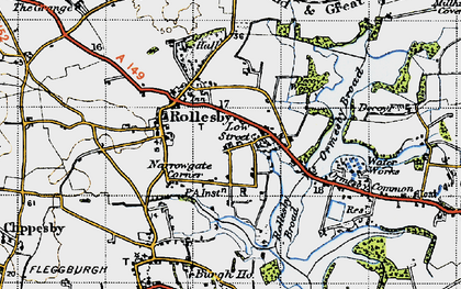 Old map of Rollesby in 1945