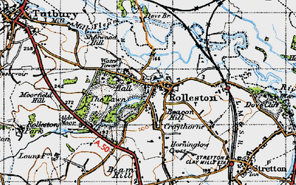 Old map of Rolleston on Dove in 1946
