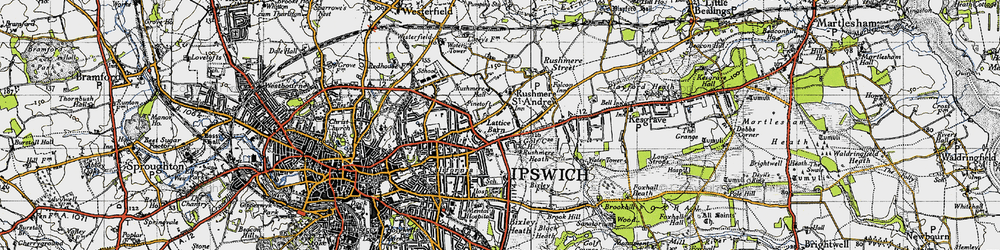 Old map of Rushmere St Andrew in 1946